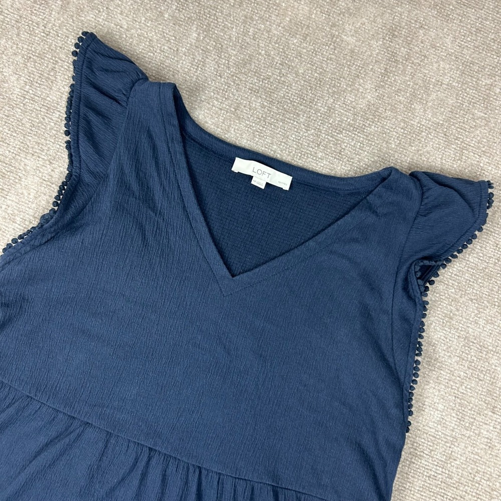 Loft Tiered Tank Dress Womens Medium Petite Blue Pom Pom Trim V-Neck Pullover